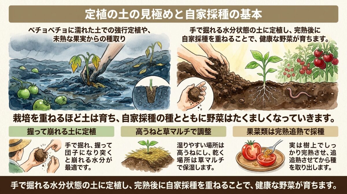 定植の土の見極めと自家採種の基本