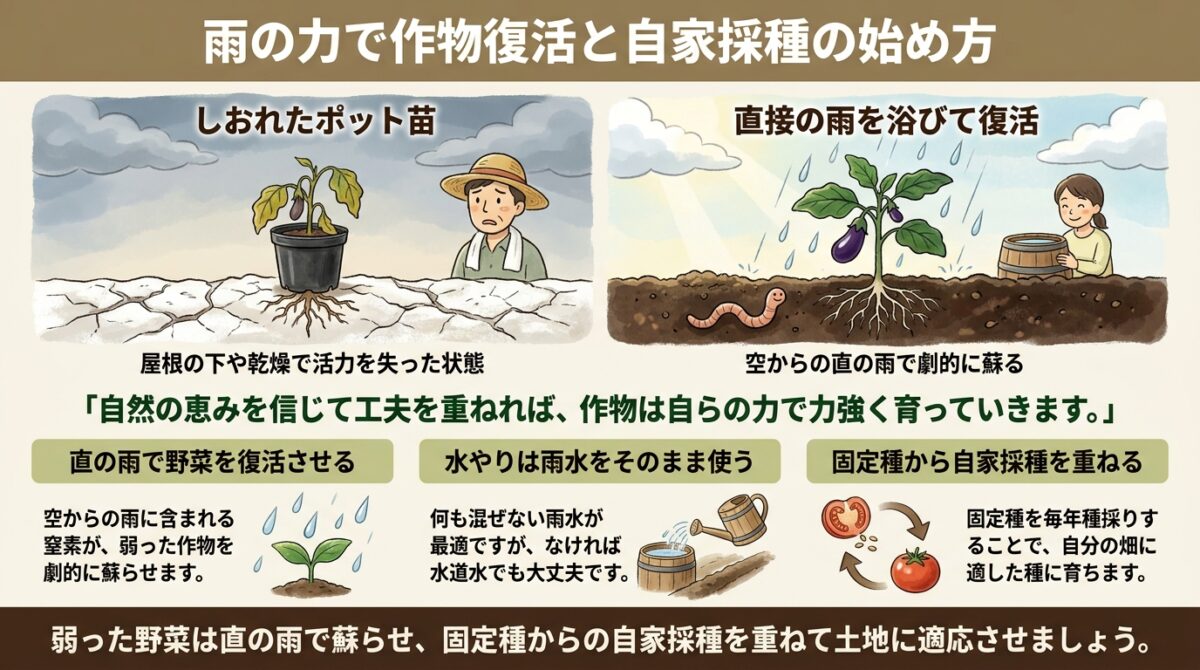 雨の力で作物復活と自家採種の始め方