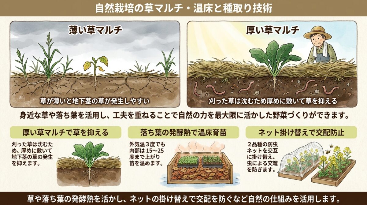 自然栽培における草マルチの活用と温床づくり、アブラナ科の交配を防ぐ種取りの技術