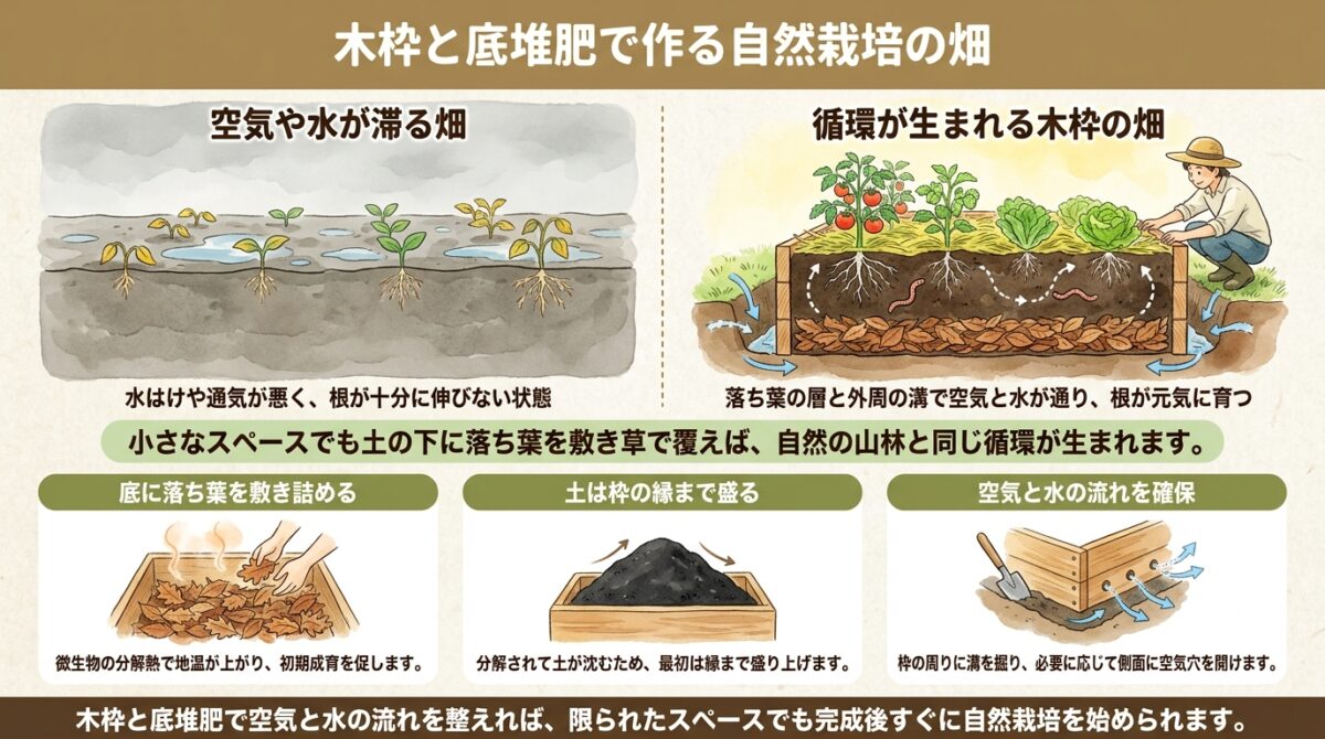 木枠と底堆肥で作る自然栽培の畑