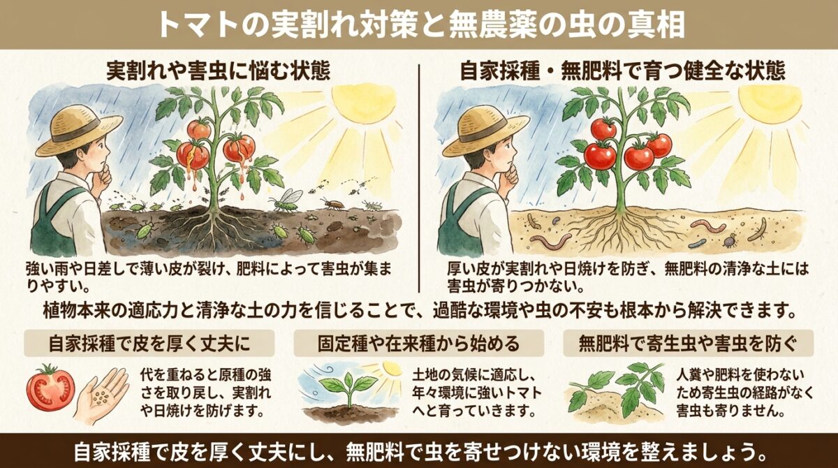 トマトの実割れ対策と無農薬の虫の真相