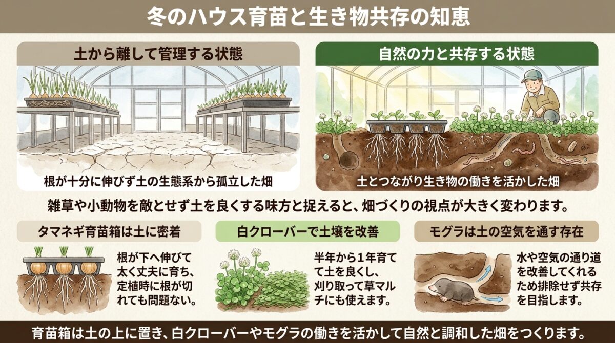 【自然栽培】冬のハウス育苗と土づくり|白クローバーの役割と動物との共存