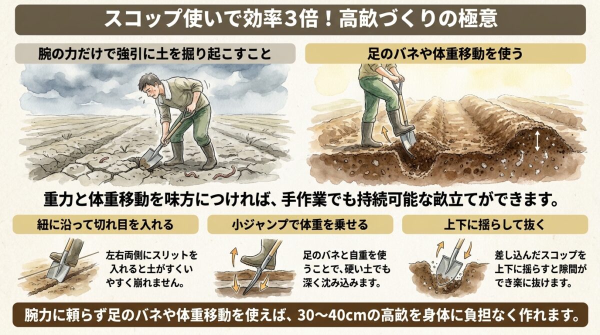 スコップ使いで効率3倍!高畝づくりの極意