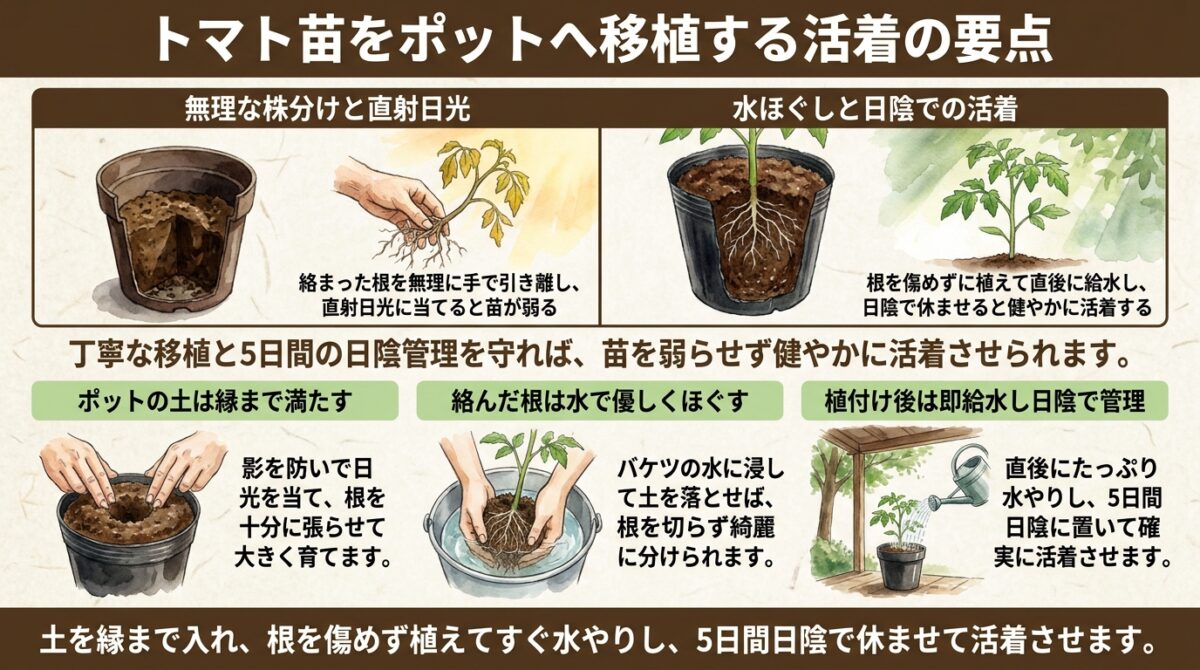 トマト苗をポットへ移植する活着の要点