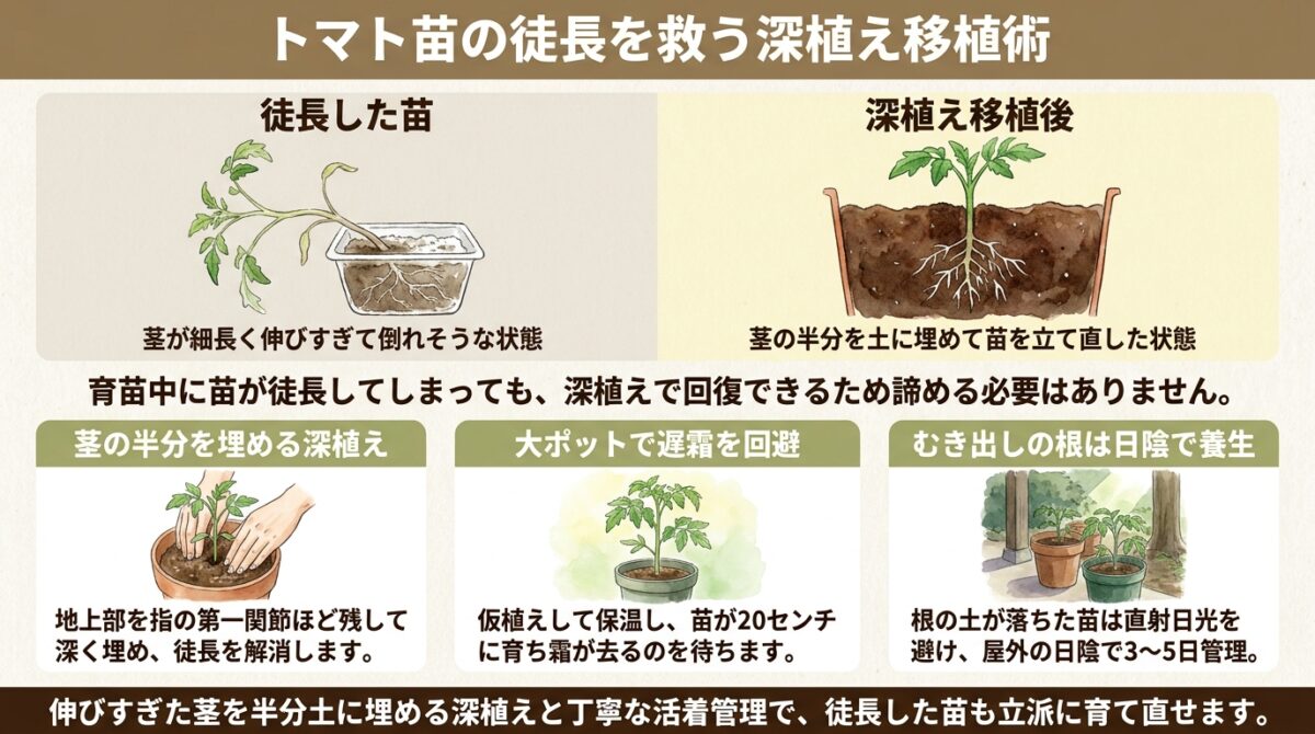 トマト苗の徒長をカバーする深植え移植法|連作土の活用と霜対策