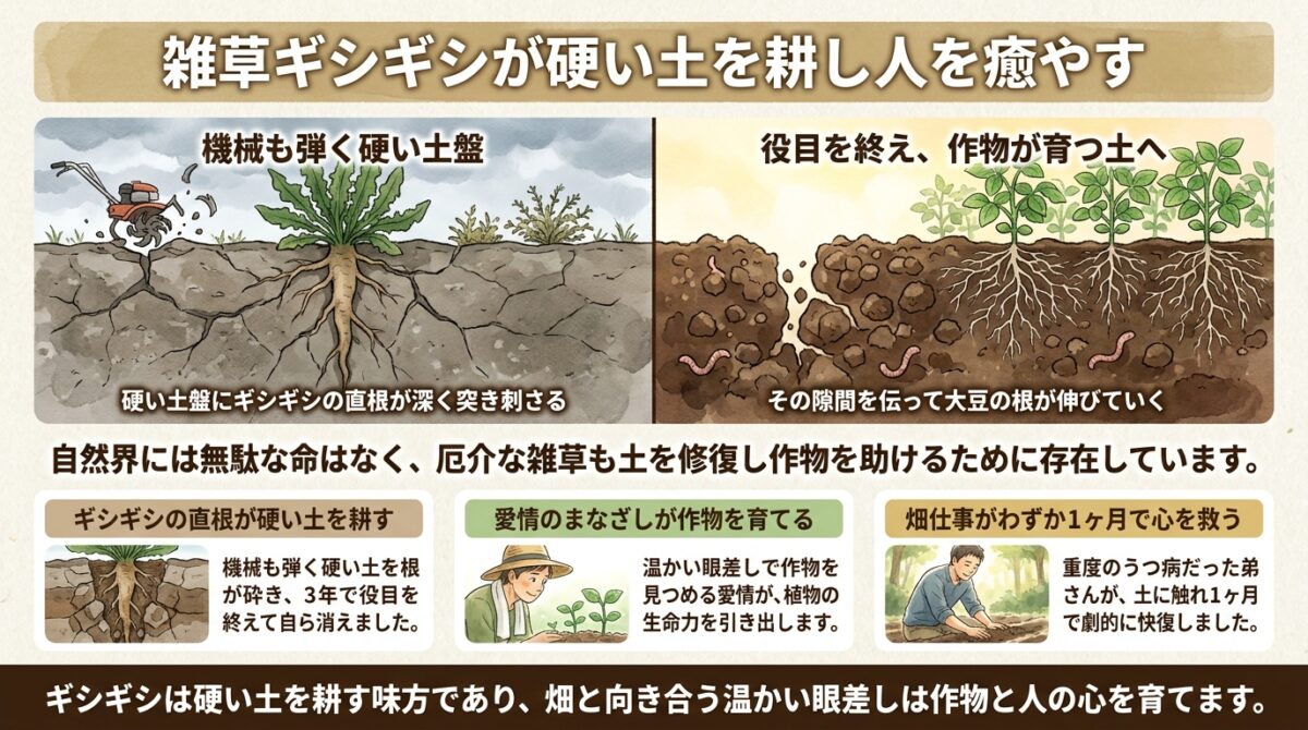 雑草ギシギシが硬い土を耕し人を癒やす
