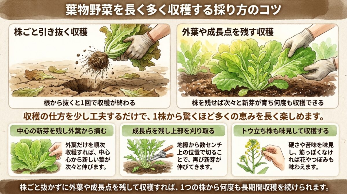 収穫方法を工夫して収穫量を増やす|自然栽培における葉物野菜の採り方
