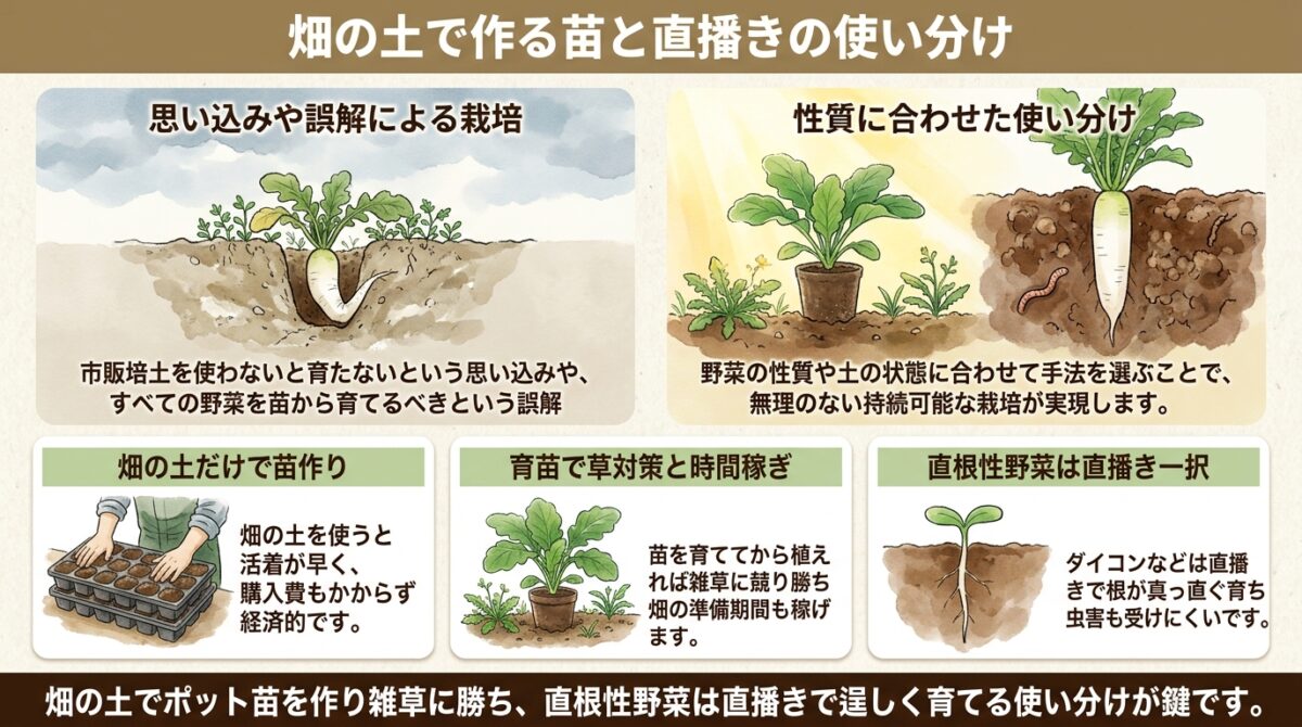 自然栽培におけるポット育苗と直播きの使い分け|畑の土を使った苗作りの基本