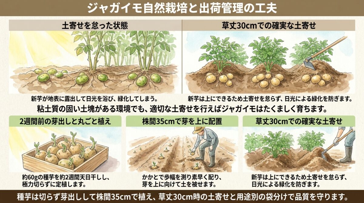 自然栽培ジャガイモの植え付けと野菜の出荷管理|長持ちさせる袋選びと土寄せの重要性