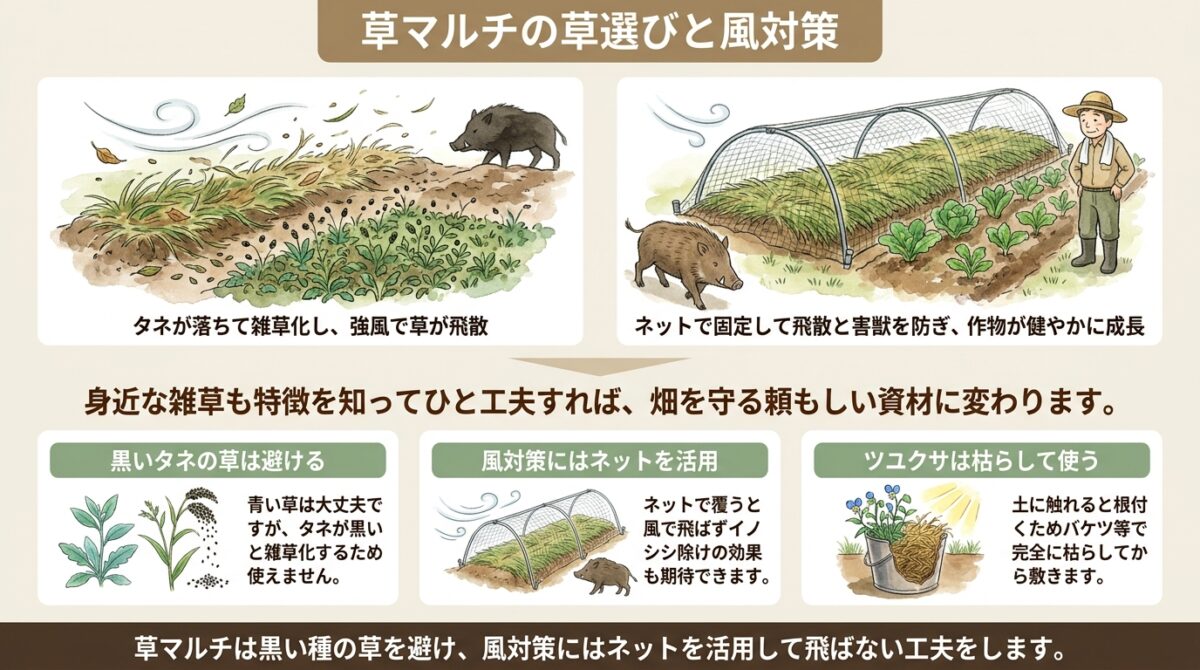 草マルチの草選びと風対策|自然栽培の実践Q&Aまとめ