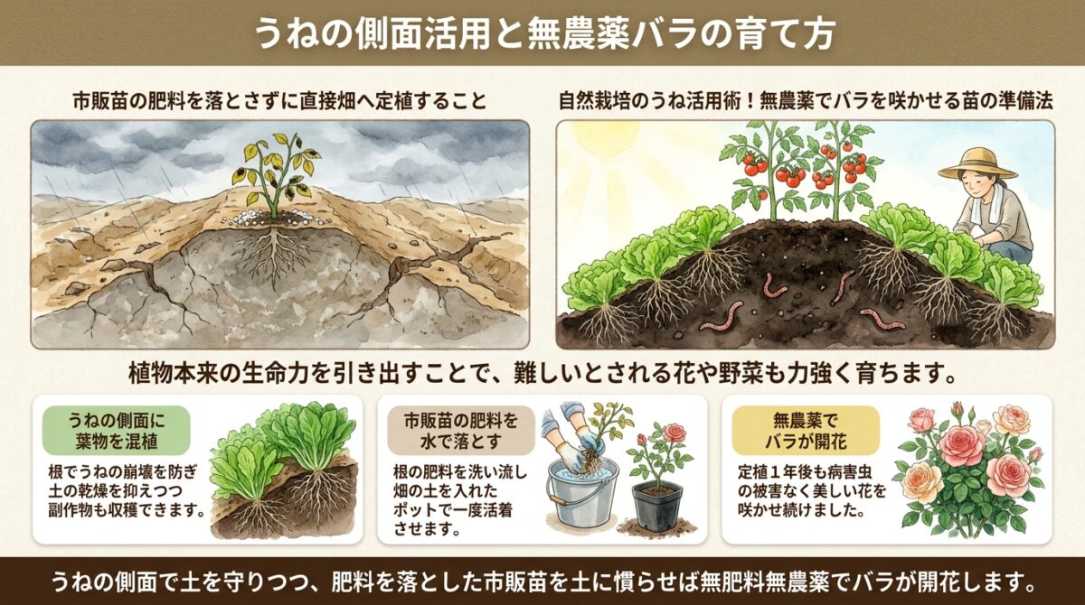 畝の側面活用と無農薬バラの育て方