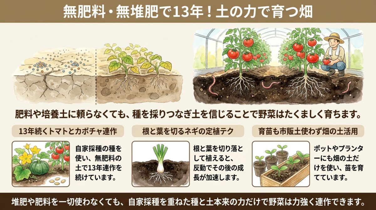 肥料も堆肥も使わず13年。土の力だけで育つ5月の畑とハウス栽培