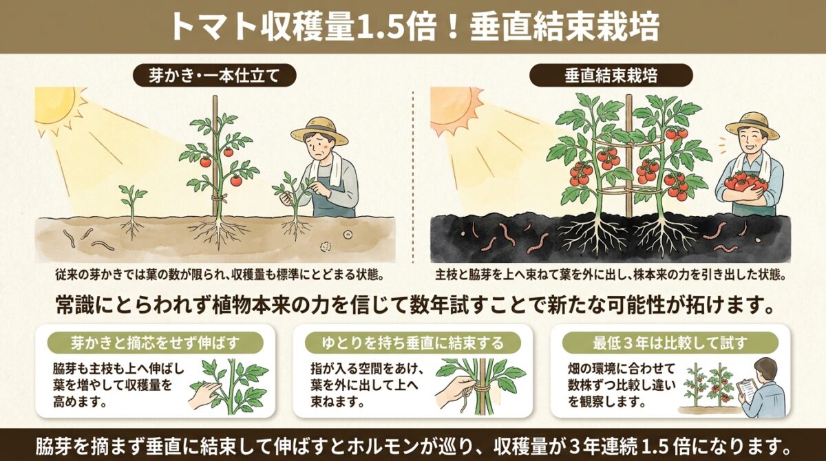 トマト収穫量1.5倍!垂直結束栽培