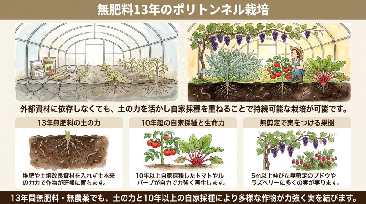 【自然栽培13年】無肥料・無農薬のポリトンネル栽培|6月中旬の生育状況と自家採種の力