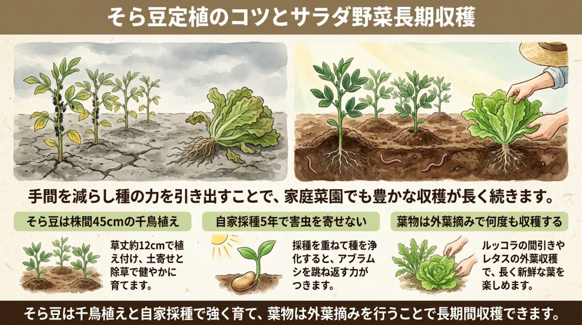 そら豆の定植ポイントと長く収穫できるミックスサラダの育て方