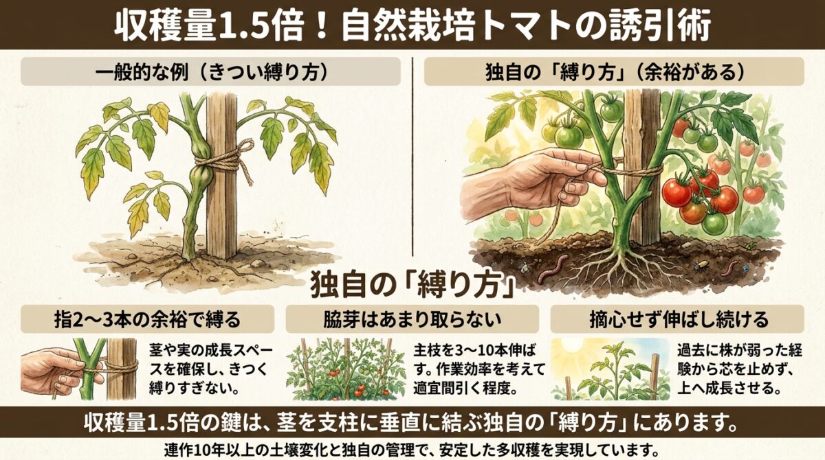収穫量1.5倍!自然栽培トマトの誘引術