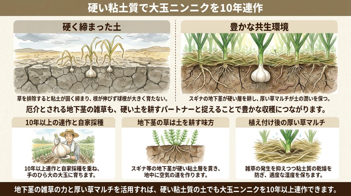 硬い粘土質で大玉ニンニクを10年連作