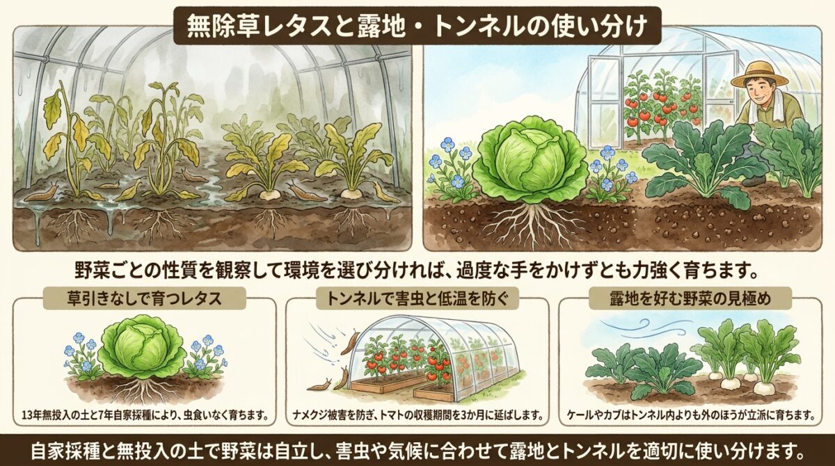 無除草レタスと露地・トンネルの使い分け