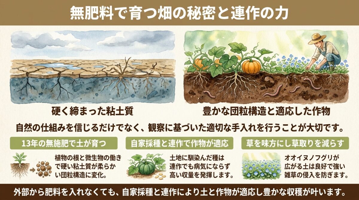 無肥料で育つ畑の秘密と連作の力