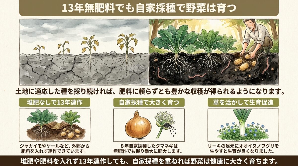 13年間の無肥料・無農薬栽培――土の力と自家採種で育つ7月下旬の圃場記録