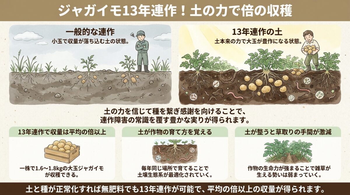 ジャガイモ13年連作!土の力で倍の収穫
