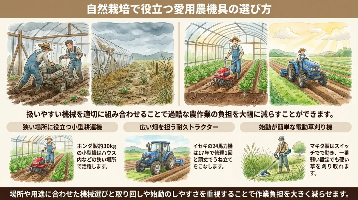 自然栽培の作業効率を上げる農機具の選び方|20年の実践で愛用する相棒たち