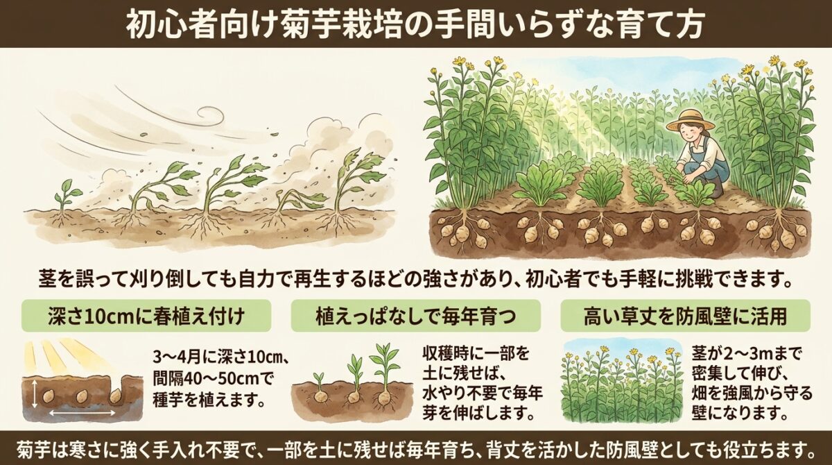 初心者にもおすすめの菊芋栽培|植えっぱなしで育つ強さと畑の風よけ活用法