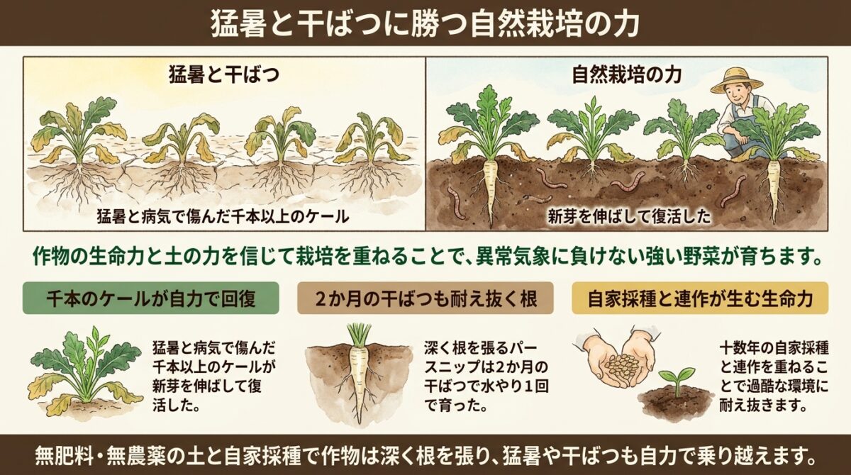 【自然栽培】猛暑と干ばつを乗り越える野菜たち|ケールの病気回復と土の力