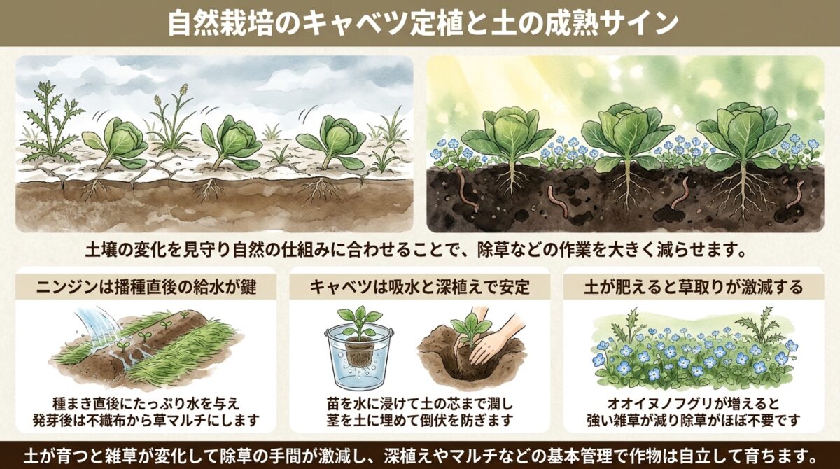 自然栽培のキャベツ定植と土の成熟サイン