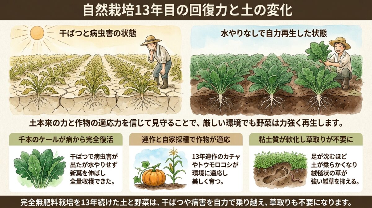 自然栽培13年目の畑に見る野菜の回復力と土の変化