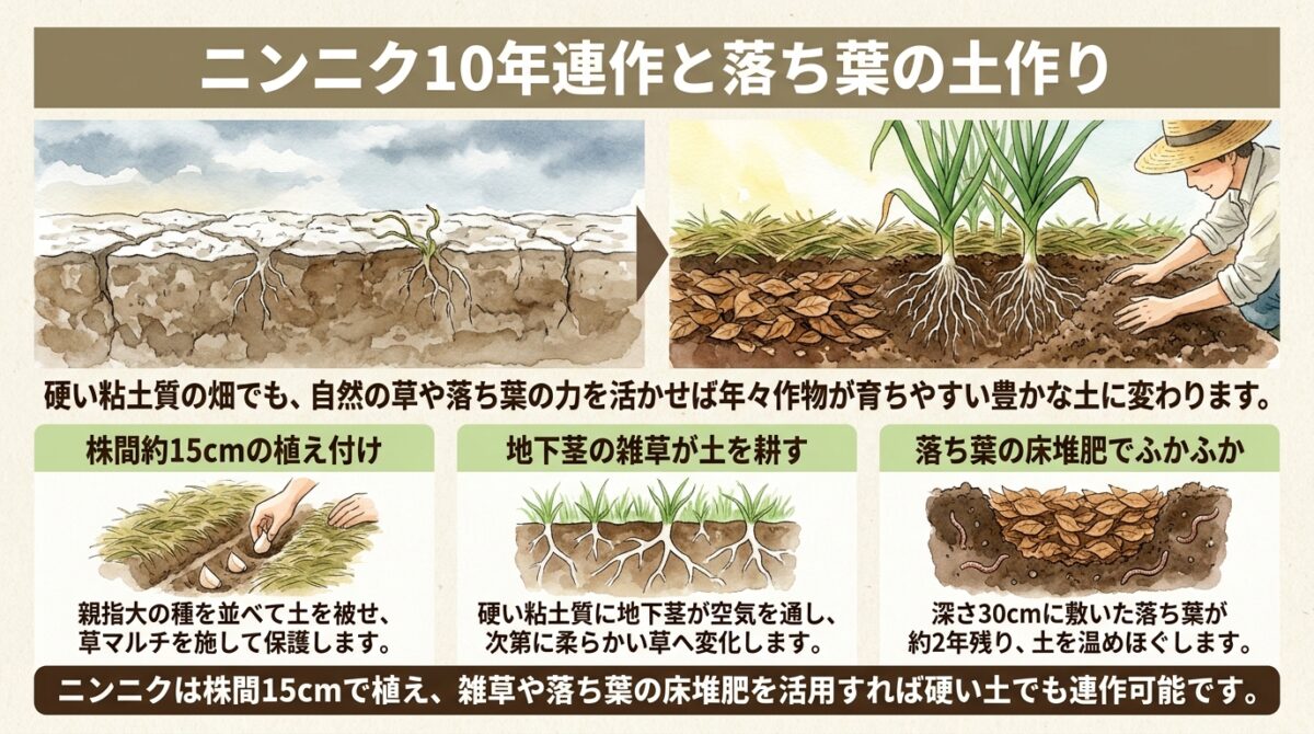 ニンニク10年連作と落ち葉の土作り