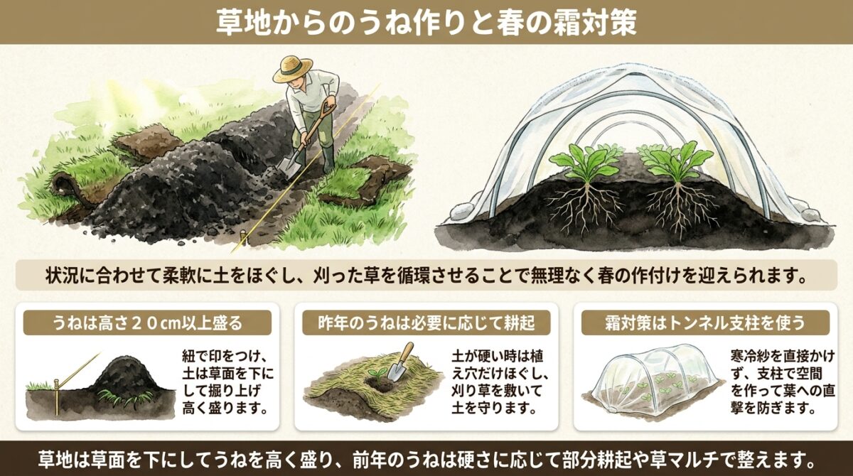 草地からの畝作りと昨年の畝の管理方法|自然栽培の春の準備と霜対策
