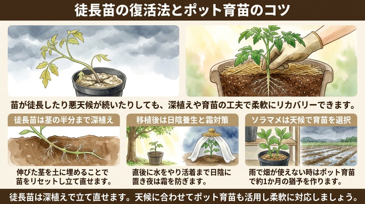 徒長苗の復活法とポット育苗のコツ