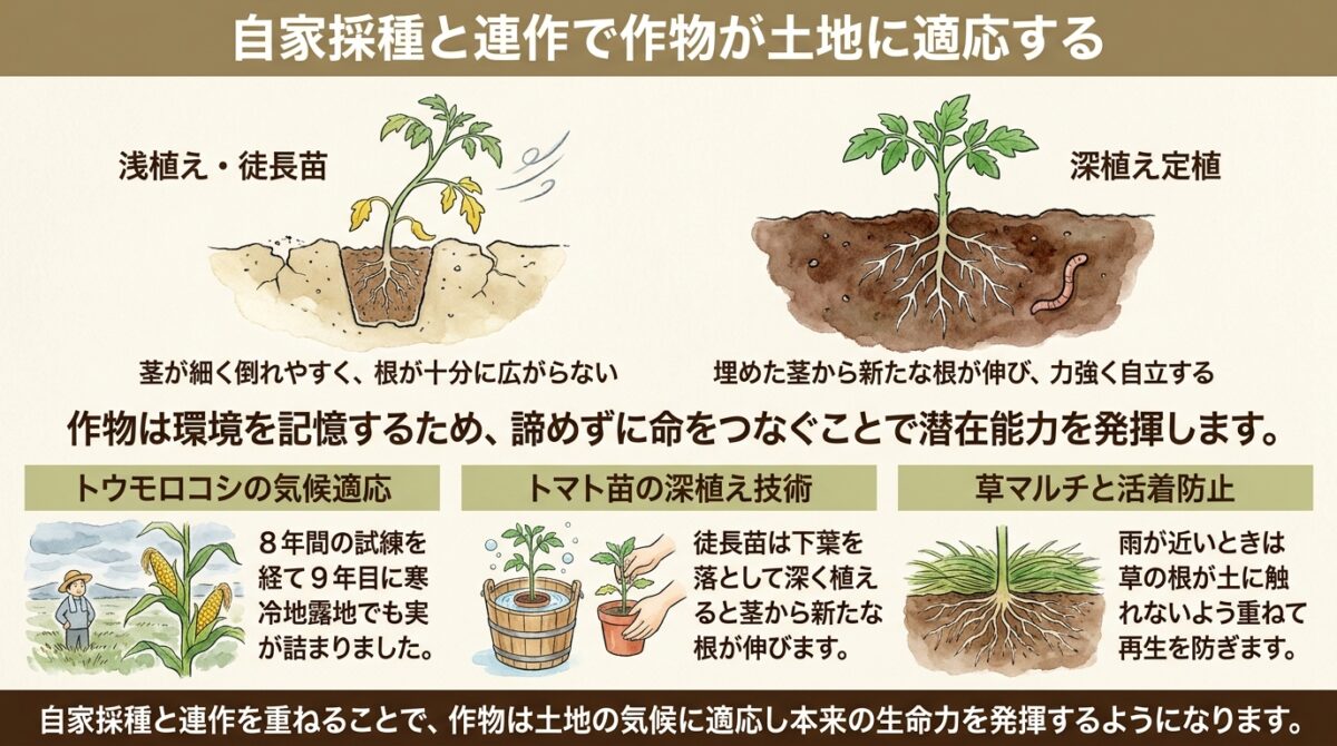 自家採種と連作で作物が土地に適応する