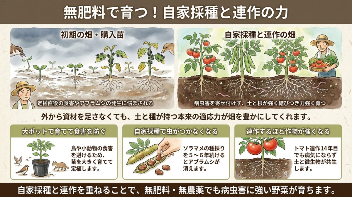 無肥料で育つ!自家採種と連作の力