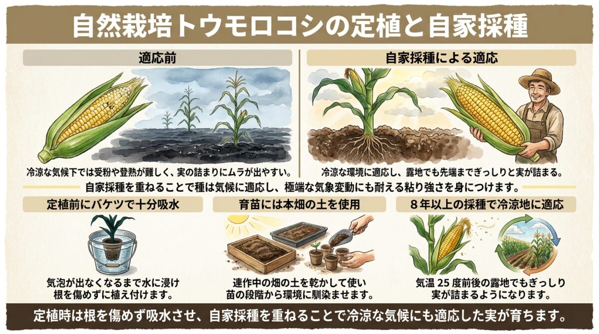 自然栽培で育てるトウモロコシ|定植のコツと8年かけた自家採種の記録