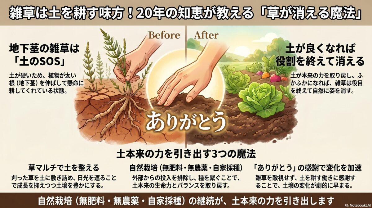 【自然農法】厄介な「地下茎雑草」を根本から克服する方法!土が変われば生える草が変わる