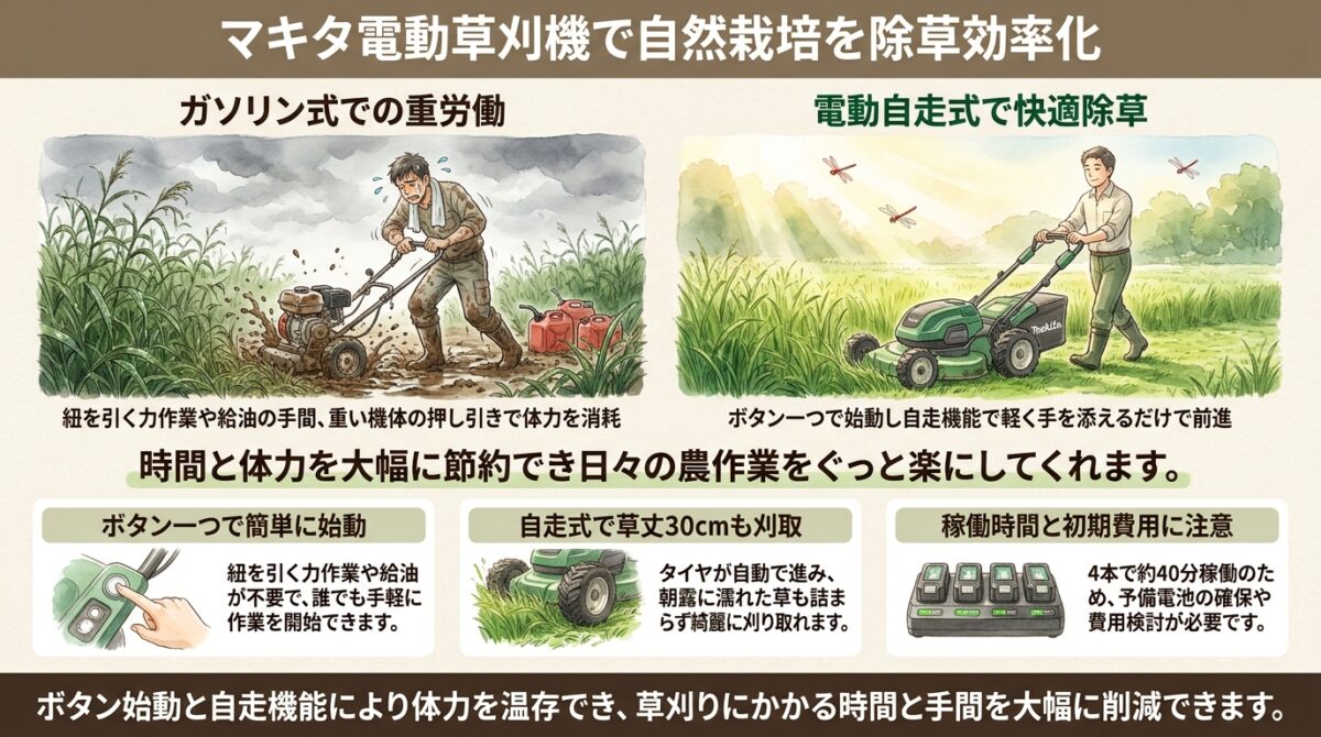 マキタの電動草刈り機で除草作業を効率化。自然栽培の現場で使った性能と利点・欠点