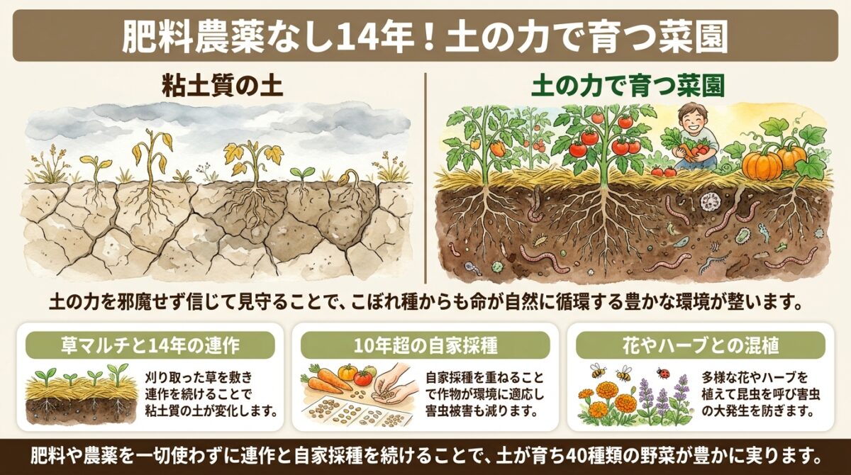 肥料も農薬も使わず14年。土の力を引き出す自然栽培の菜園ツアー