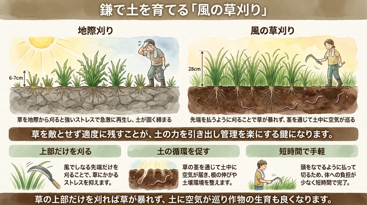鎌で土を育てる「風の草刈り」