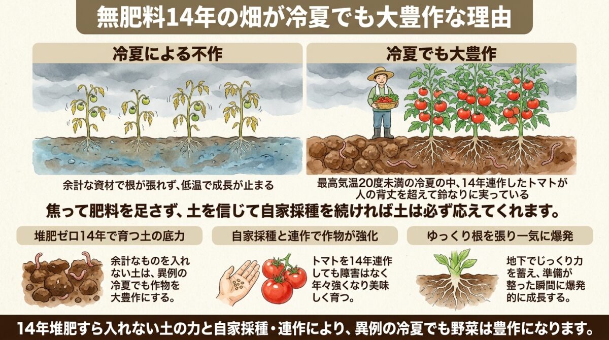無肥料14年の畑が冷夏でも大豊作な理由