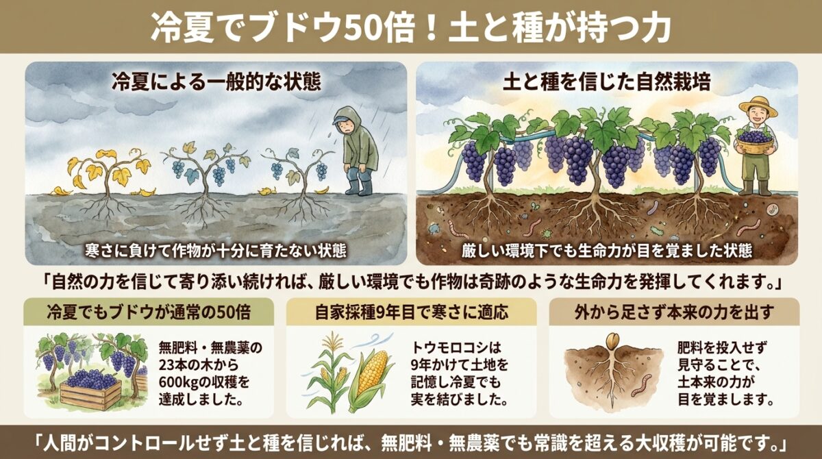冷夏でブドウ50倍!土と種が持つ力