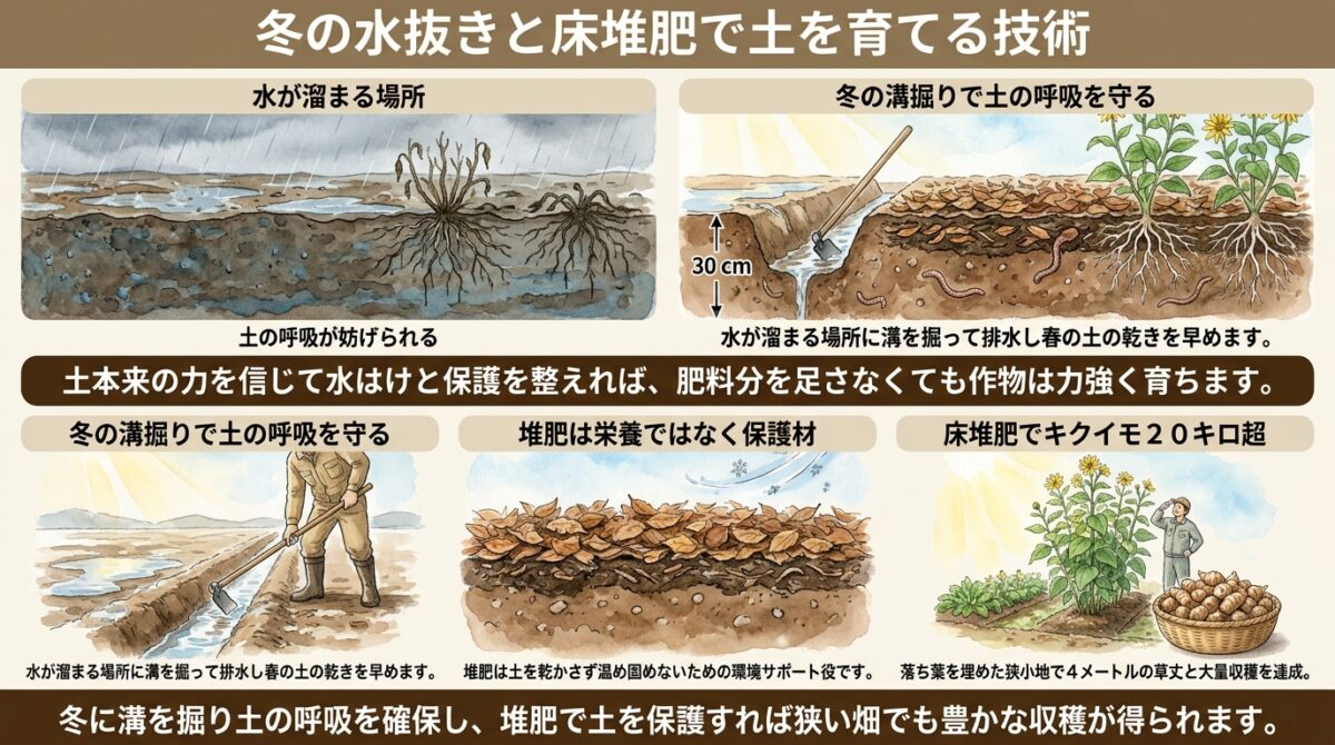 冬の水抜きと床堆肥で土を育てる技術