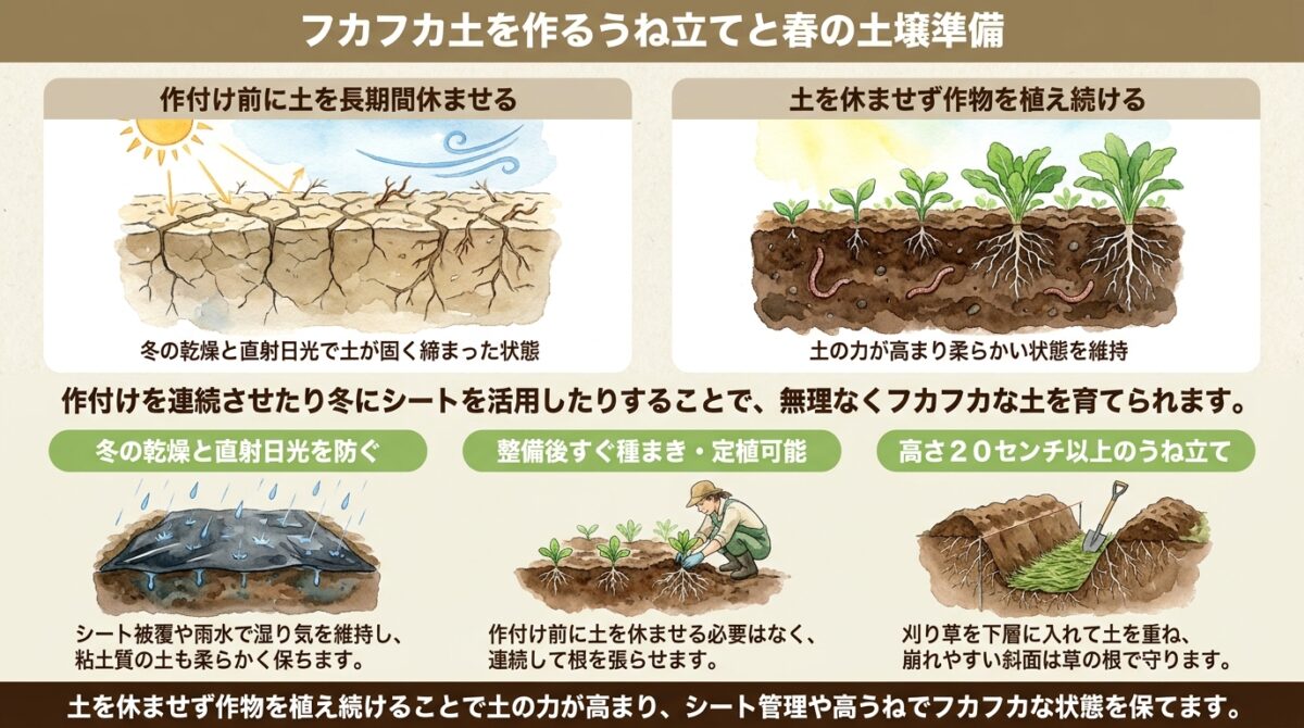 フカフカ土を作る畝立てと春の土壌準備