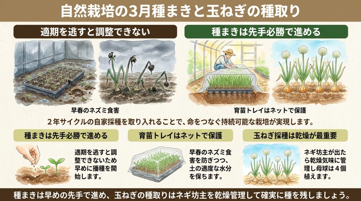 自然栽培における3月の種まきと玉ねぎの種取り方法