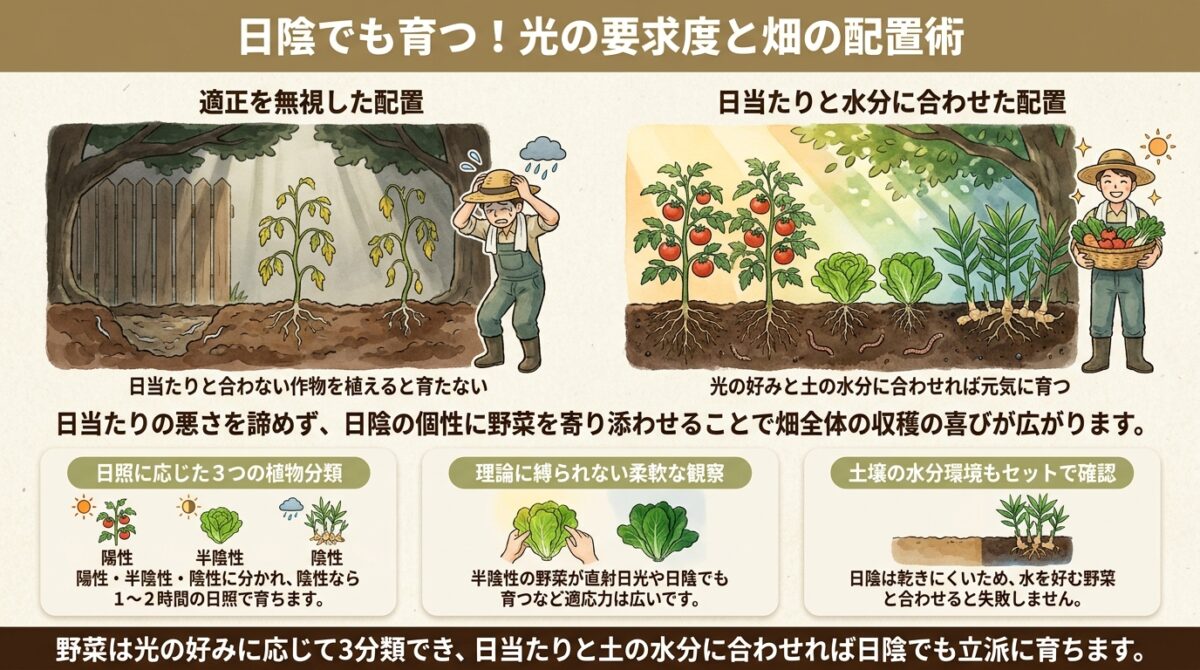 日陰でも育つ!光の要求度と畑の配置術