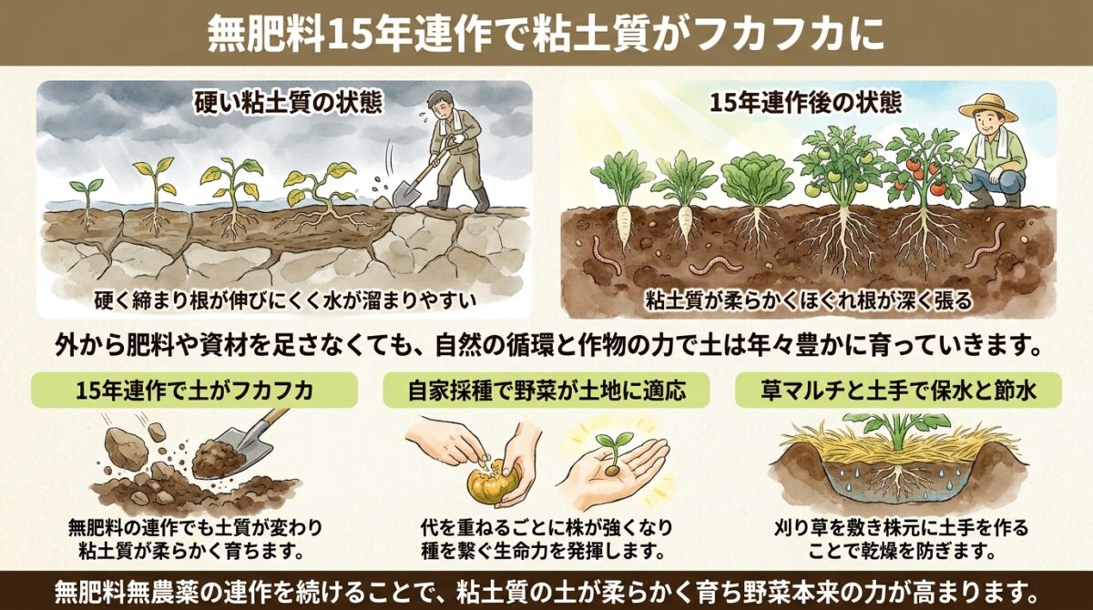 無肥料15年連作で粘土質がフカフカに