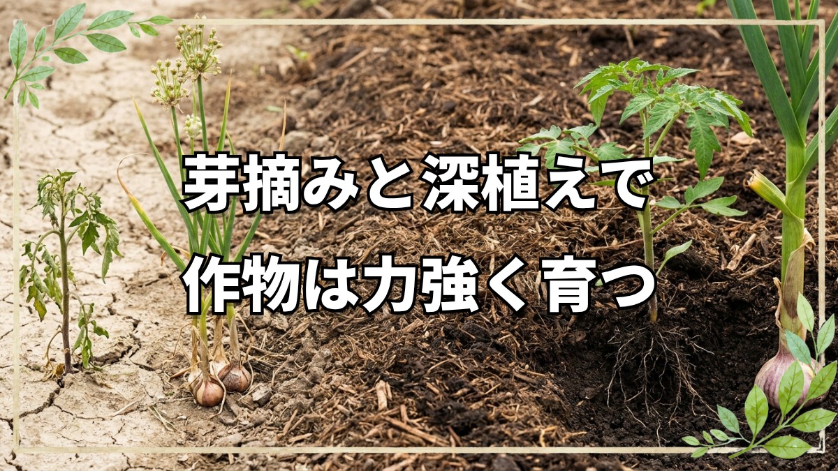 【自然栽培】ニンニクを太らせる芽摘みとトマト定植のコツ！高温障害から回復する自家採種の強さ