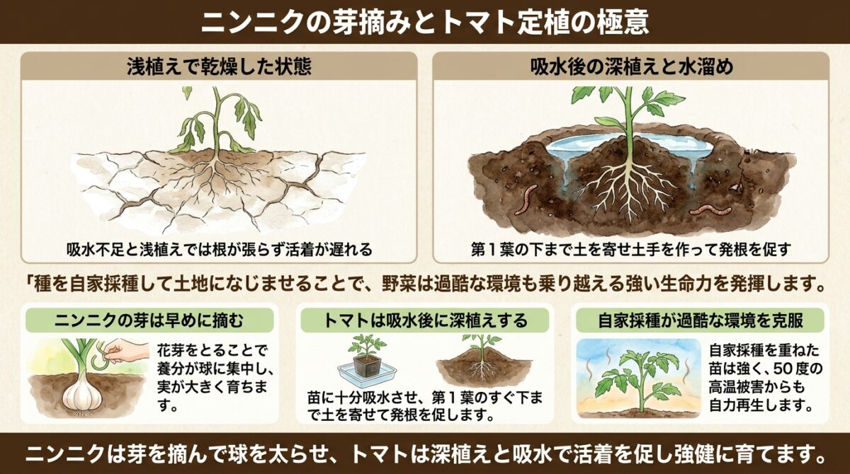 【自然栽培】ニンニクを太らせる芽摘みとトマト定植のコツ!高温障害から回復する自家採種の強さ
