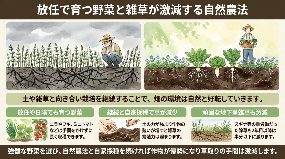 ほったらかしで育つ野菜と自然農法で雑草が減っていく仕組み